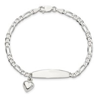 Sterling Silver Polished Engravable Figaro Link Bracelet with Dangle Heart Charm and Oval 30x 7mm Plate ID, 7.5" view 3