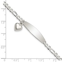 Sterling Silver Polished Engravable Figaro Link Bracelet with Dangle Heart Charm and Oval 30x 7mm Plate ID, 7.5" view 4