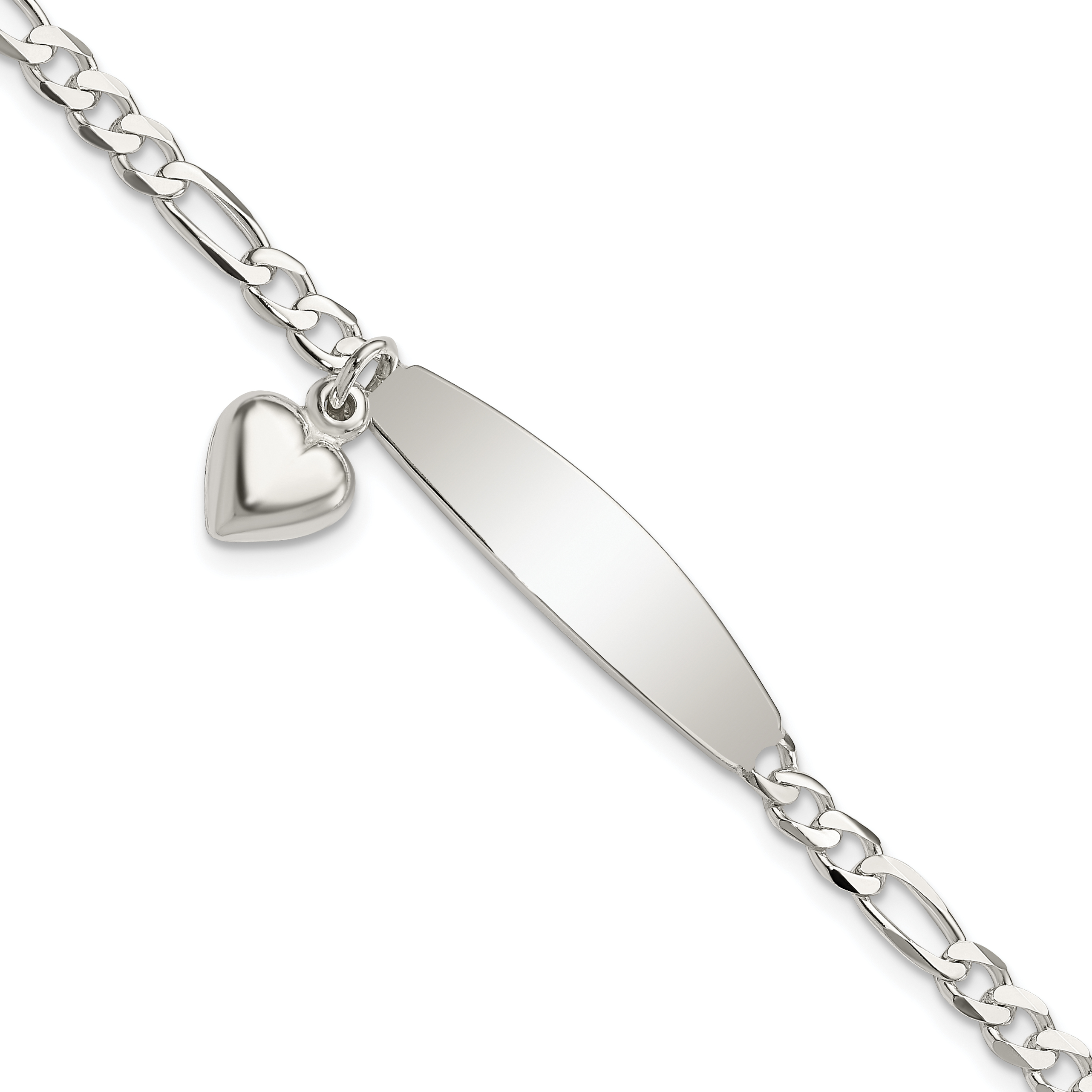 Sterling Silver Polished Figaro ID Heart Dangle 8.5in Bracelet (QID210-8.5)
