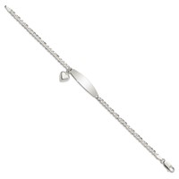Sterling Silver Polished Engravable Curb Link Bracelet with Dangle Heart Charm and Oval 30x 7mm Plate ID, 7.5" view 2