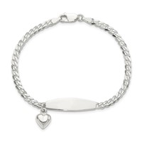 Sterling Silver Polished Engravable Curb Link Bracelet with Dangle Heart Charm and Oval 30x 7mm Plate ID, 7.5" view 3