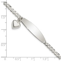 Sterling Silver Polished Engravable Curb Link Bracelet with Dangle Heart Charm and Oval 30x 7mm Plate ID, 7.5" view 4