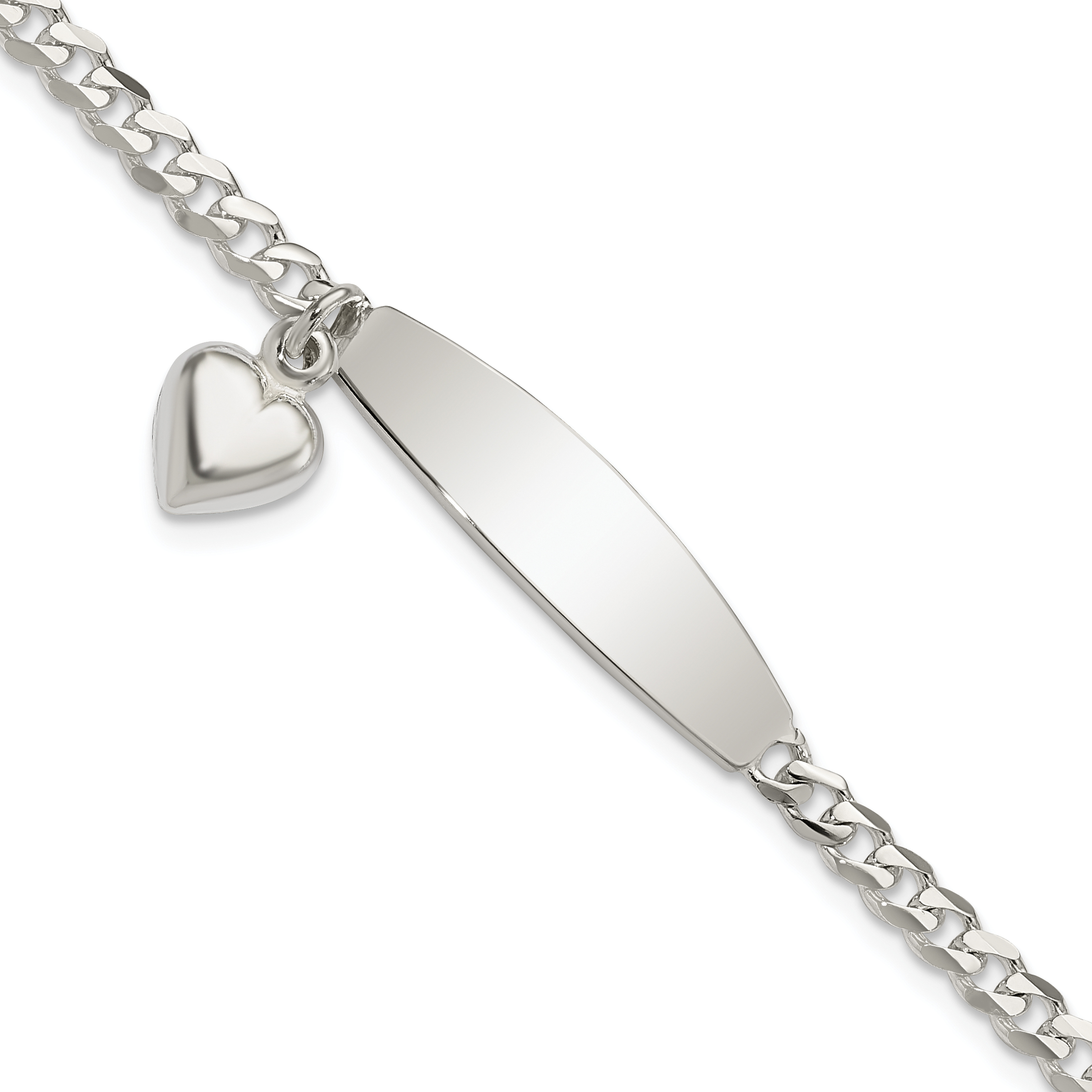 Sterling Silver Polished Curb Link ID Heart Dangle 8.5in Bracelet (QID211-8.5)
