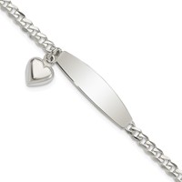 Sterling Silver Polished Engravable Curb Link Bracelet with Dangle Heart Charm and Oval 30x 7mm Plate ID, 7.5" view 1