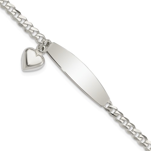 Sterling Silver Polished Engravable Curb Link Bracelet with Dangle Heart Charm and Oval 30x 7mm Plate ID, 7.5"