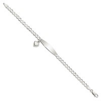 Sterling Silver Polished Engravable Curb Link Bracelet with Dangle Heart Charm and Oval 30x 7mm Plate ID, 7.5" view 2