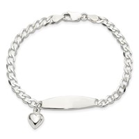 Sterling Silver Polished Engravable Curb Link Bracelet with Dangle Heart Charm and Oval 30x 7mm Plate ID, 7.5" view 3
