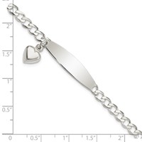 Sterling Silver Polished Engravable Curb Link Bracelet with Dangle Heart Charm and Oval 30x 7mm Plate ID, 7.5" view 4