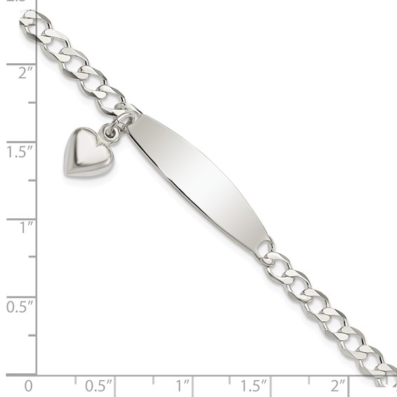 Sterling Silver Polished Curb Link ID Heart Dangle Bracelet