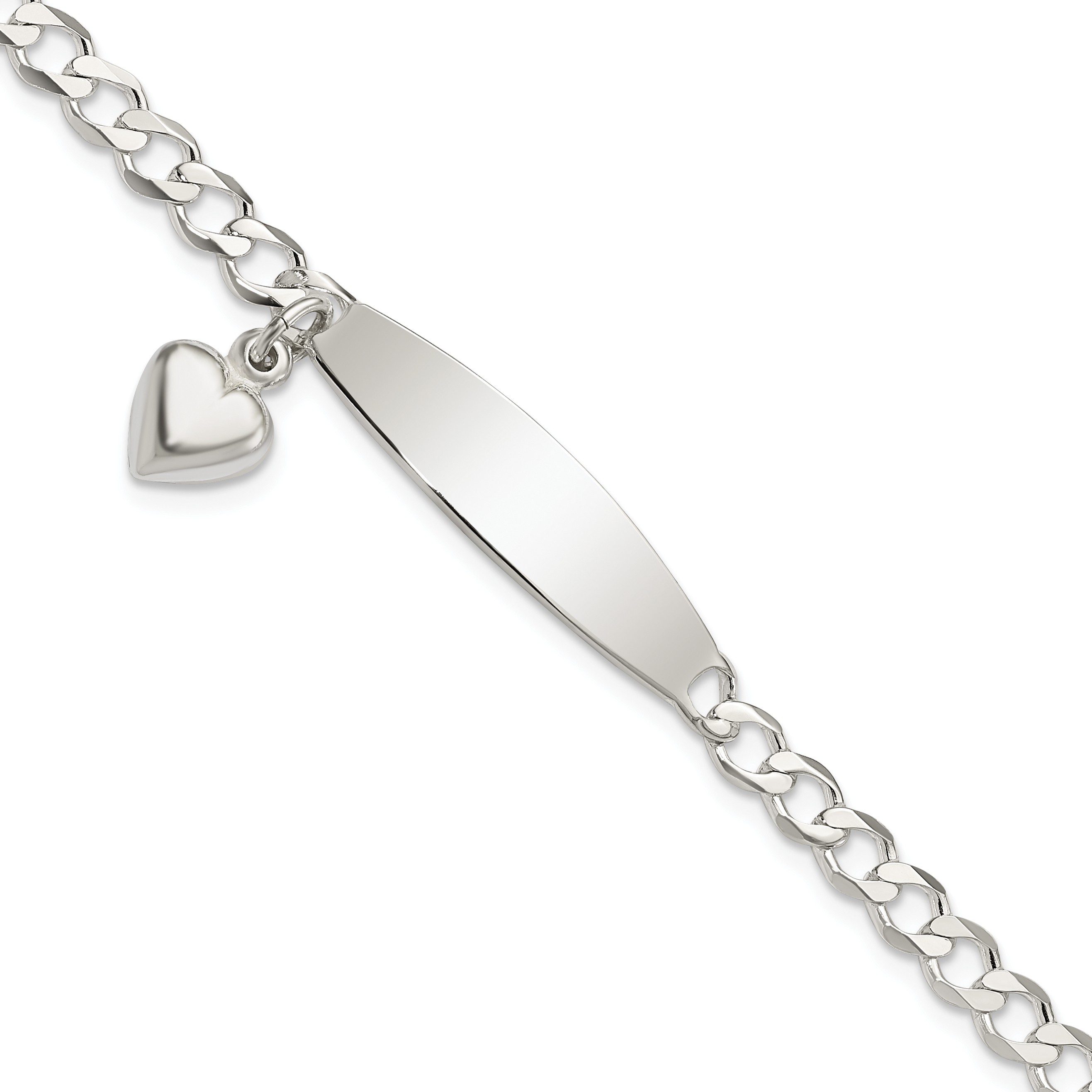 Sterling Silver Polished Curb Link ID Heart Dangle 8.5in Bracelet (QID212-8.5)