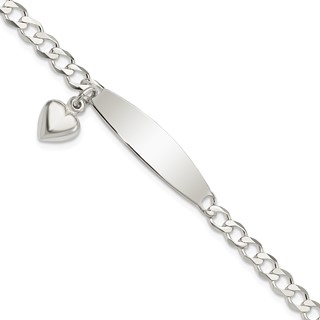 Sterling Silver Polished Curb Link ID Heart Dangle 8.5in Bracelet