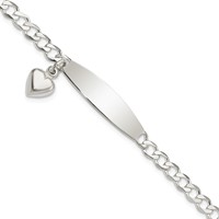Sterling Silver Polished Engravable Curb Link Bracelet with Dangle Heart Charm and Oval 30x 7mm Plate ID, 7.5" view 1