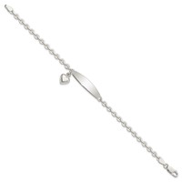 Sterling Silver Polished Engravable Rolo Link Bracelet with Dangle Heart Charm and Oval 30x 7mm Plate ID, 7.5" view 2