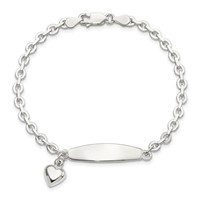 Sterling Silver Polished Engravable Rolo Link Bracelet with Dangle Heart Charm and Oval 30x 7mm Plate ID, 7.5" view 3