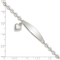 Sterling Silver Polished Engravable Rolo Link Bracelet with Dangle Heart Charm and Oval 30x 7mm Plate ID, 7.5" view 4