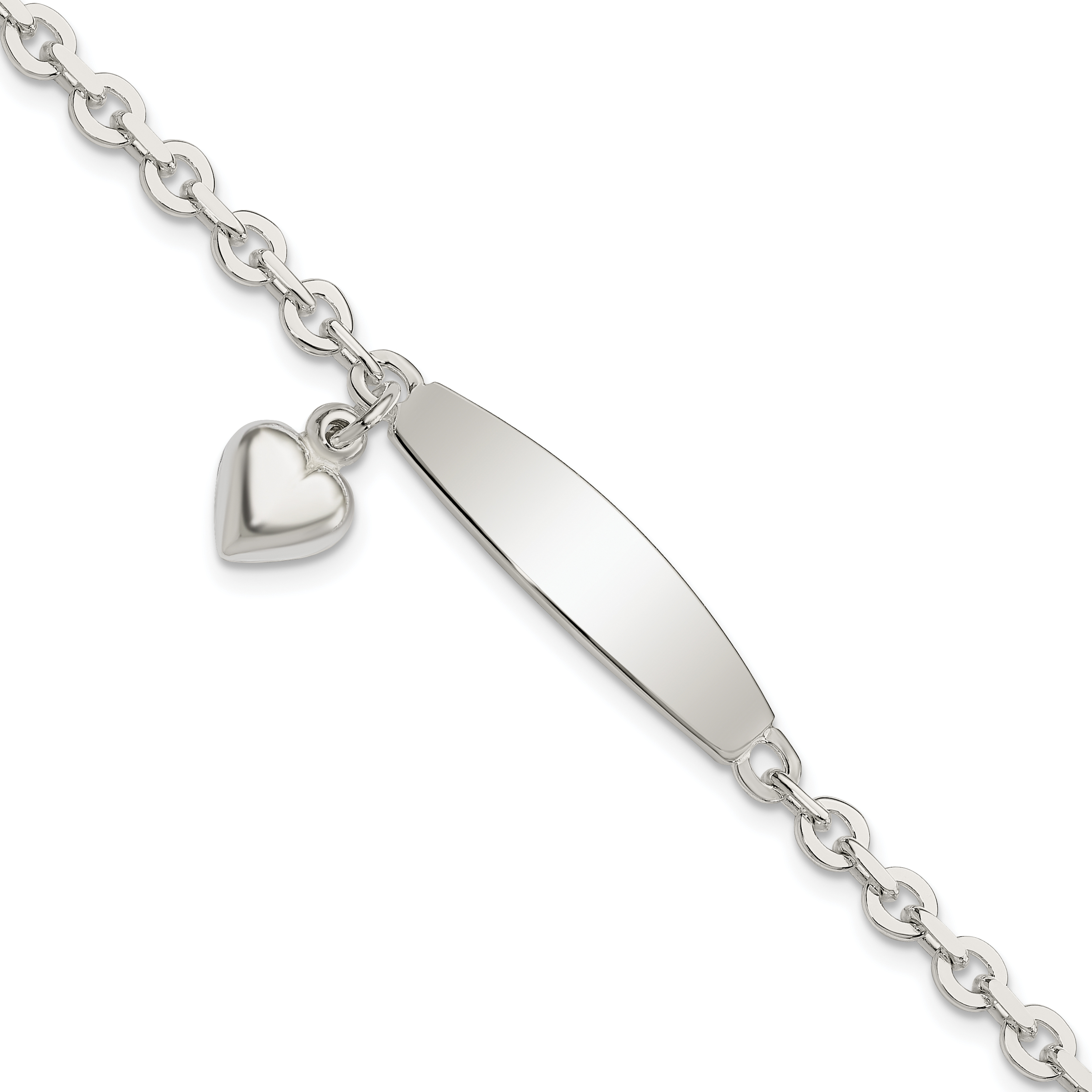 Sterling Silver Polished Rolo Link ID Heart Dangle Bracelet (QID213-7.5)