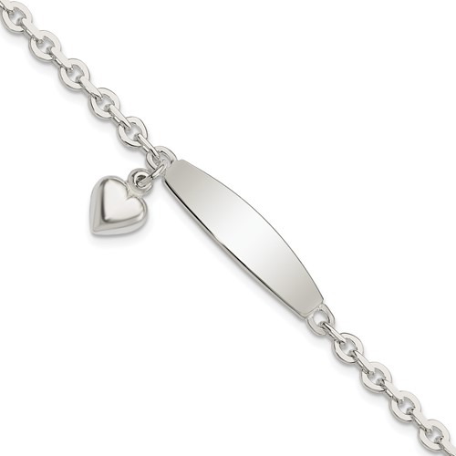 Sterling Silver Polished Engravable Rolo Link Bracelet with Dangle Heart Charm and Oval 30x 7mm Plate ID, 7.5"