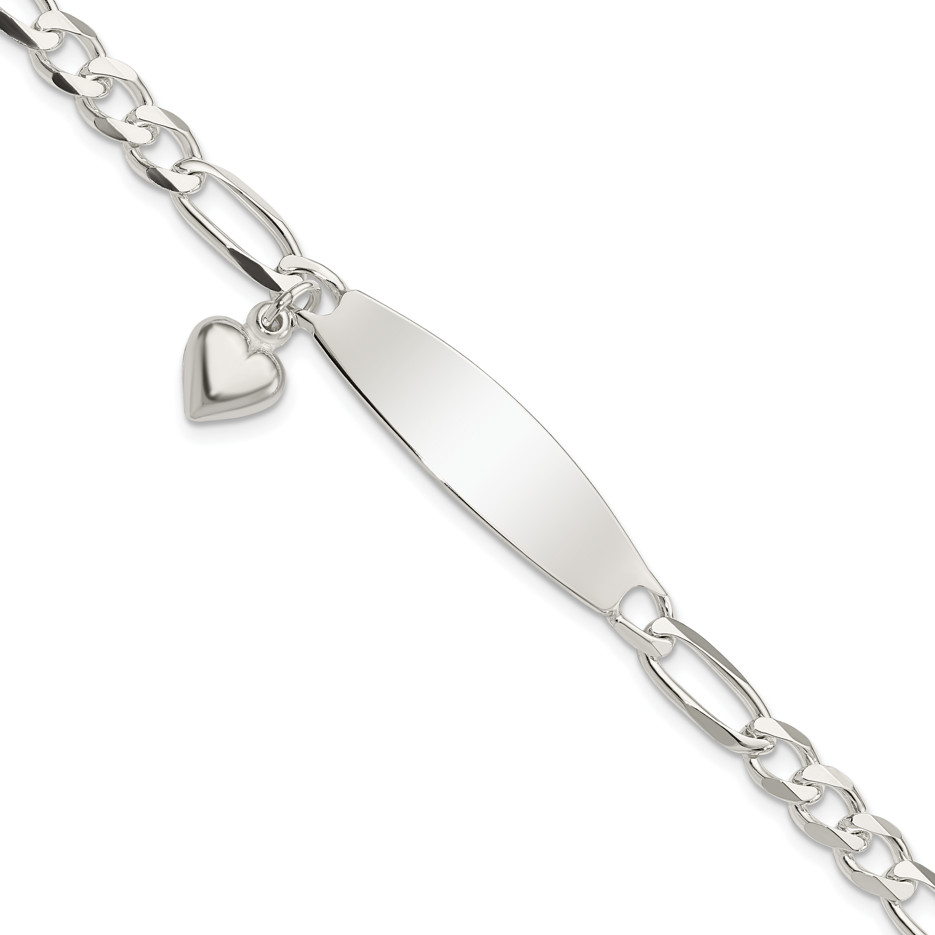 Sterling Silver Polished Figaro ID Heart Dangle 8.5in Bracelet (QID214-8.5)
