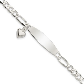 Sterling Silver Polished Figaro ID Heart Dangle 8.5in Bracelet