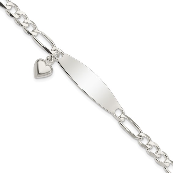 Sterling Silver Polished Figaro ID Heart Dangle 8.5in Bracelet