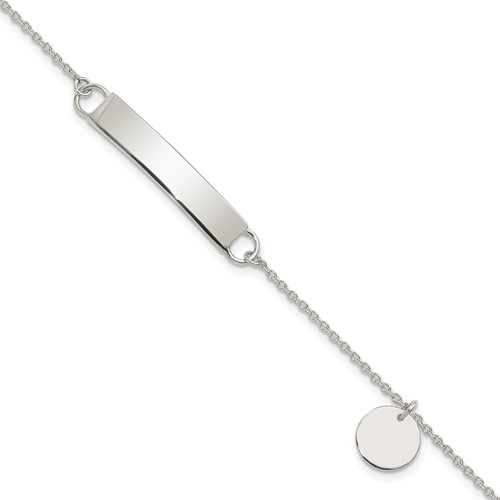 Sterling Silver Polished Engravable Curb Link Bracelet with Sliding Disc Charm 30x 5mm Plate ID, 7.5"