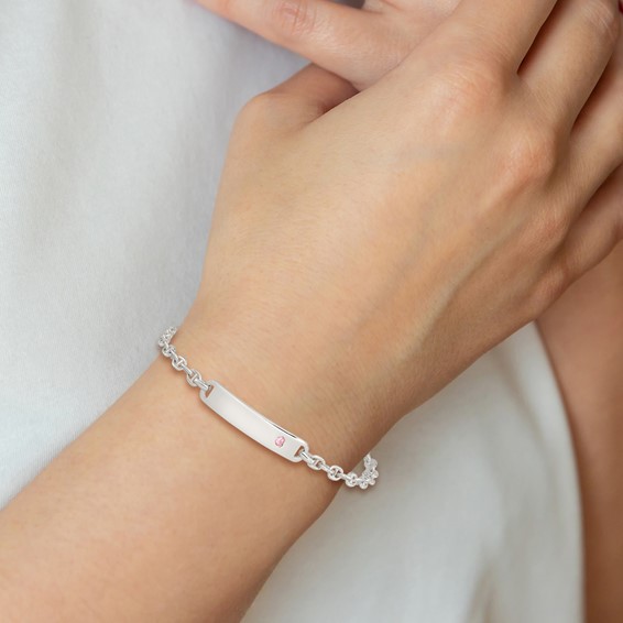 Sterling Silver Polished ID with Pink CZ Bracelet