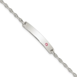 Sterling Silver Polished Childrens ID with Pink CZ Bracelet