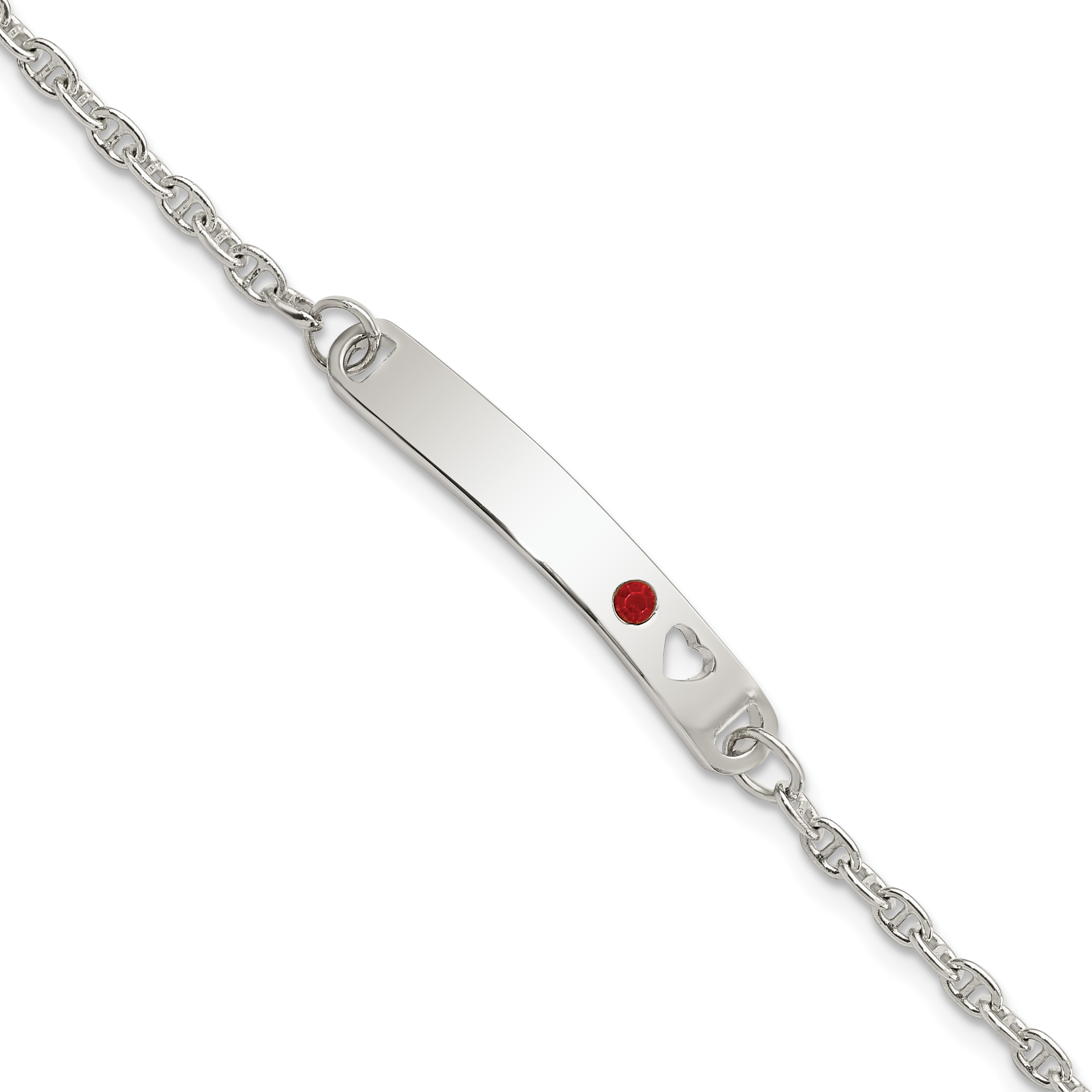 Sterling Silver Polished Childrens ID with Red CZ Heart Bracelet (QID233-5.5)