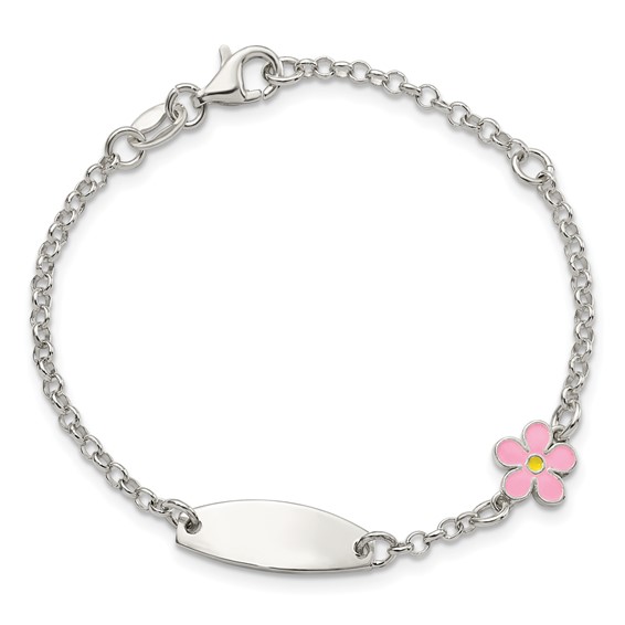 Sterling Silver Childrens Enameled Flower 5in Plus 1IN EXT ID Bracelet