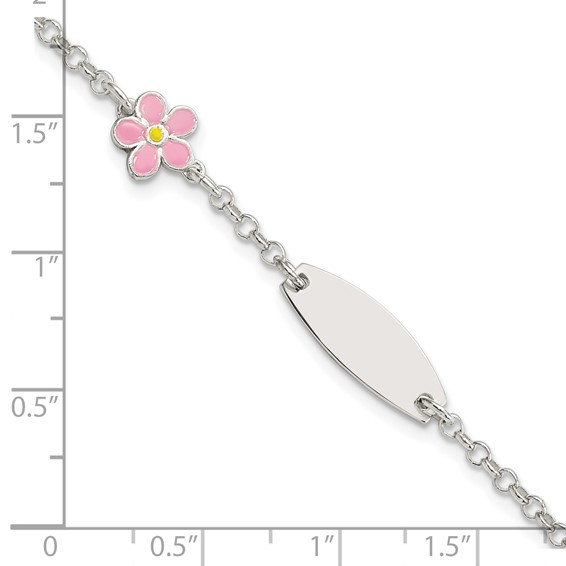 Sterling Silver Childrens Enameled Flower 5in Plus 1IN EXT ID Bracelet