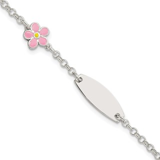 Sterling Silver Childrens Enameled Flower 5.5in Plus 1IN EXT ID Bracelet