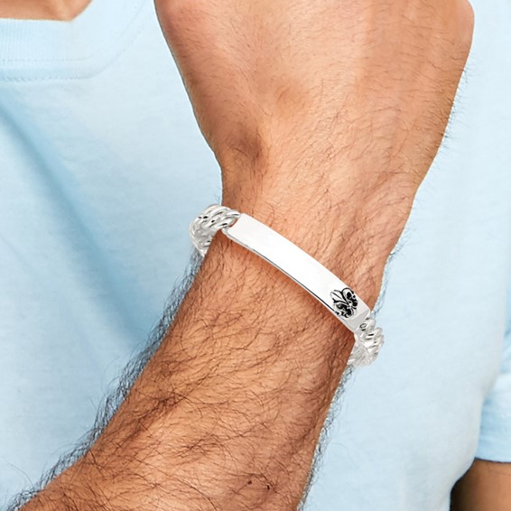 Sterling Silver Antiqued Fleur-de-lis ID Men's Bracelet