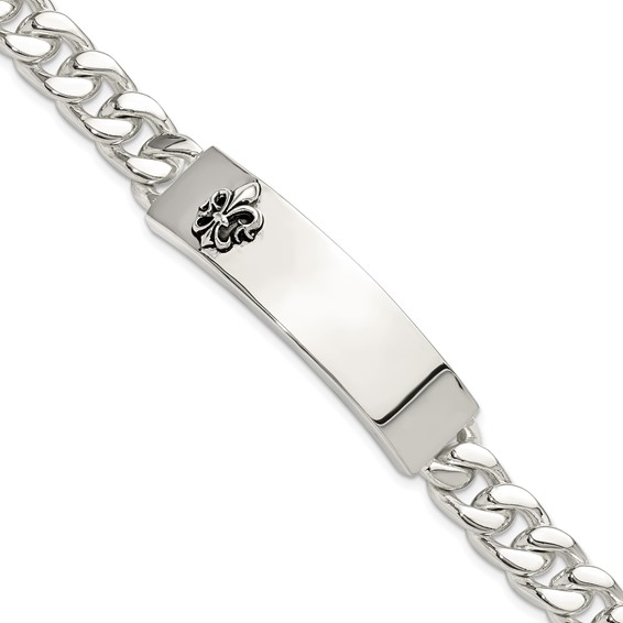 Sterling Silver Antiqued Fleur-de-lis ID Men's Bracelet