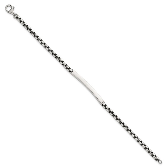 Sterling Silver Antiqued Round Box Chain 8 Inch ID Bar Mens Bracelet