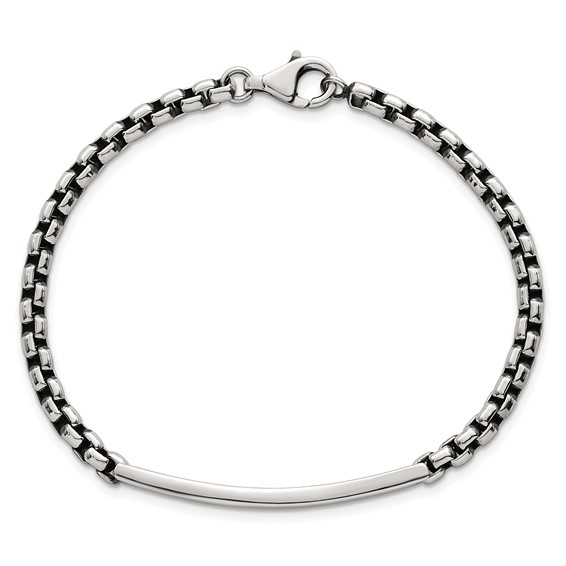Sterling Silver Antiqued Round Box Chain 8 Inch ID Bar Mens Bracelet
