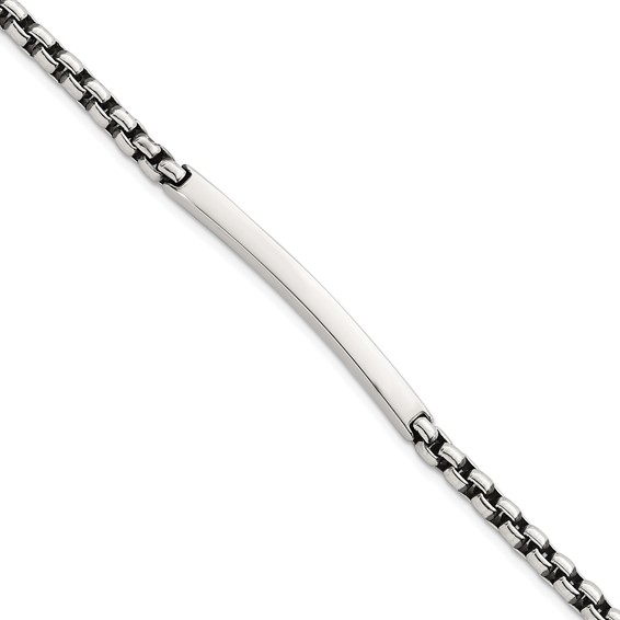Sterling Silver Antiqued Round Box Chain 8 Inch ID Bar Mens Bracelet