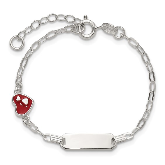 Sterling Silver Polished Red and White Enameled Heart 5 inch with 1 inch extension Childrens ID Bracelet
