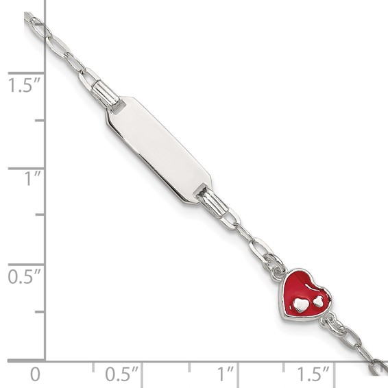 Sterling Silver Polished Red and White Enameled Heart 5 inch with 1 inch extension Childrens ID Bracelet