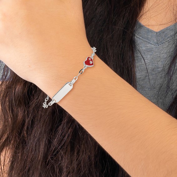 Sterling Silver Polished Red and White Enameled Heart 5 inch with 1 inch extension Childrens ID Bracelet