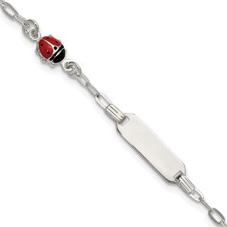 Sterling Silver Polished Red and Black Enameled Ladybug 6 inch with 1 inch extension Childrens ID Bracelet