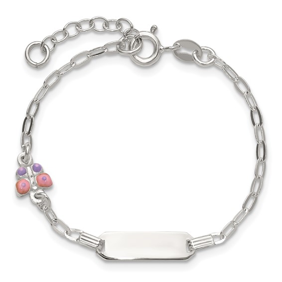 Sterling Silver Polished Pink and Purple Enameled Butterfly 5 inch with 1 inch extension Childrens ID Bracelet