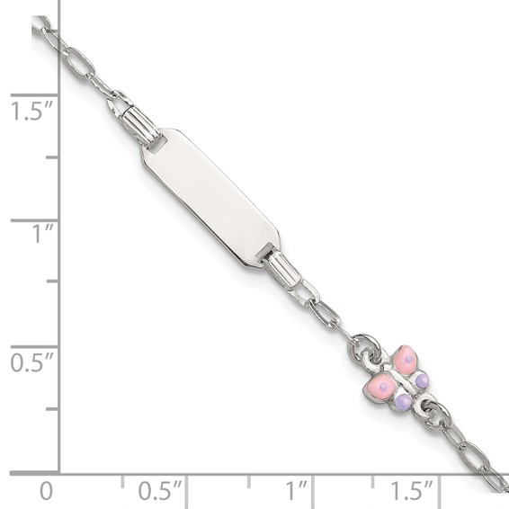 Sterling Silver Polished Pink and Purple Enameled Butterfly 5 inch with 1 inch extension Childrens ID Bracelet