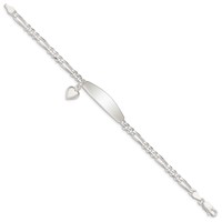 Sterling Silver Polished Engravable Figaro Link Heart Dangle Oval 33x8mm Plate ID Bracelet - 7in view 2