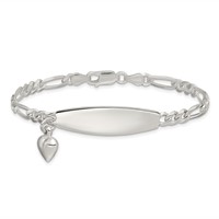 Sterling Silver Polished Engravable Figaro Link Heart Dangle Oval 33x8mm Plate ID Bracelet - 7in view 3