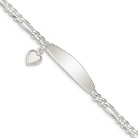 Sterling Silver Polished Engravable Figaro Link Heart Dangle Oval 33x8mm Plate ID Bracelet - 7in view 1