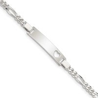 Sterling Silver Engravable Figaro Link Cut-out Heart 27x 5mm Plate ID Bracelet, 6" view 1