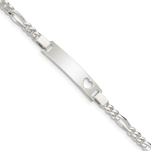 Sterling Silver Engravable Figaro Link Cut-out Heart 27x 5mm Plate ID Bracelet, 6"