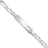 Sterling Silver Engravable Figaro Link Cut-out Heart 27x 5mm Plate ID Bracelet, 6" view 1