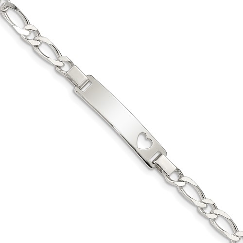 Sterling Silver Engravable Figaro Link Cut-out Heart 27x 5mm Plate ID Bracelet, 6"