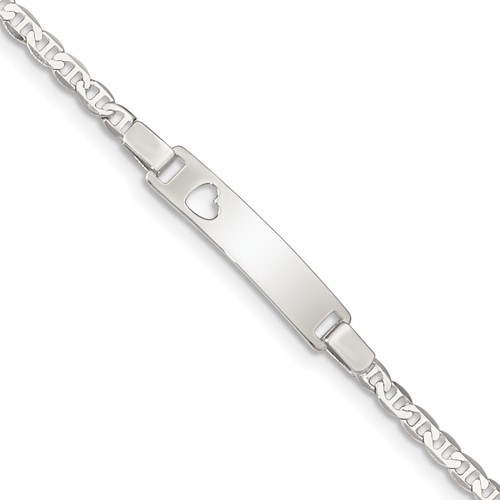 Sterling Silver Engravable Anchor Link Cut-out Heart 27x 5mm Plate ID Bracelet, 5.5"